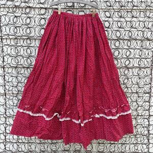 VTG 80s 90s prairie Gunne red calico floral eyelet lace tiered skirt 25" WAIST